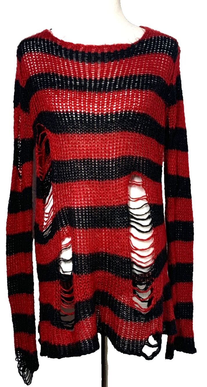 Punk Rave Goth Grunge Shredded Open Knit Striped Sweater Black Red Distressed